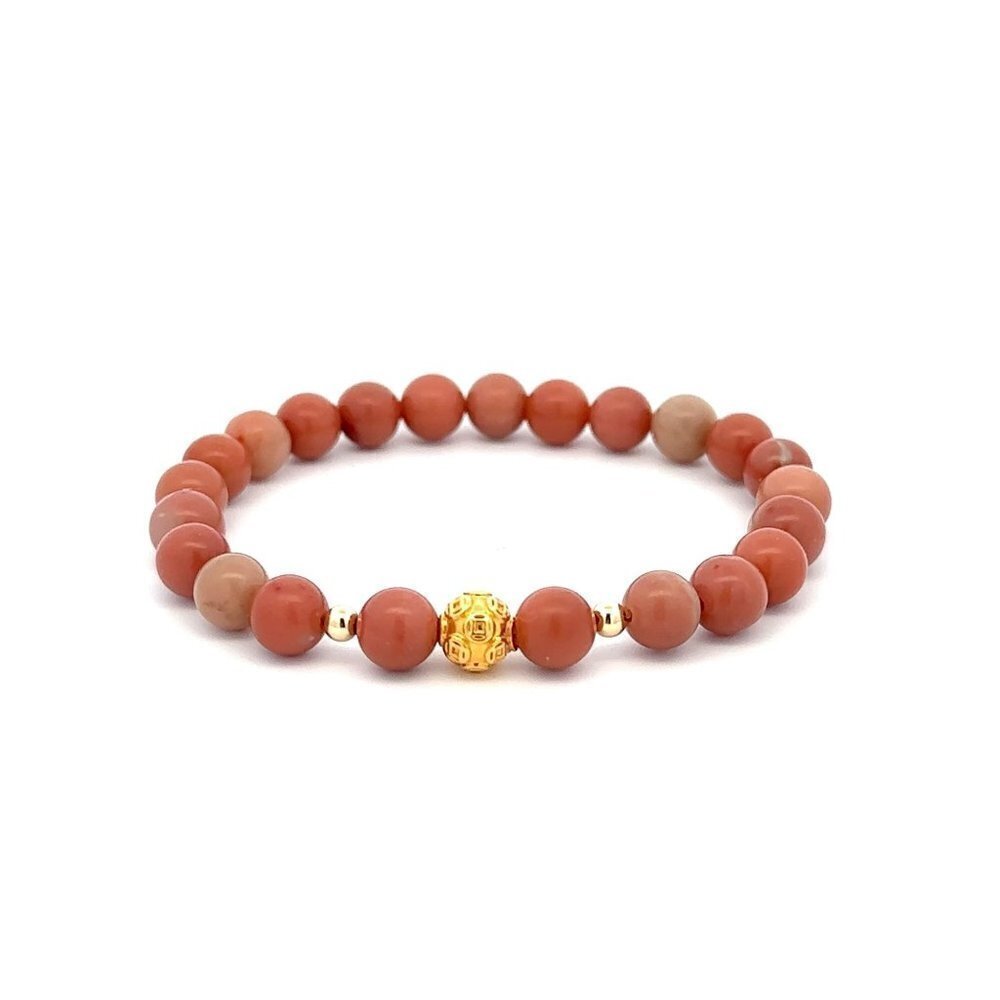 18K Gold Money Ball Lucky Charm Beads Bracelet Gemstones Jade Indian Red 6mm